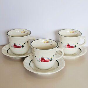 Pfaltzgraff Snow Village Cups & Saucers 3sets Christmas holiday beverage vtg 90s